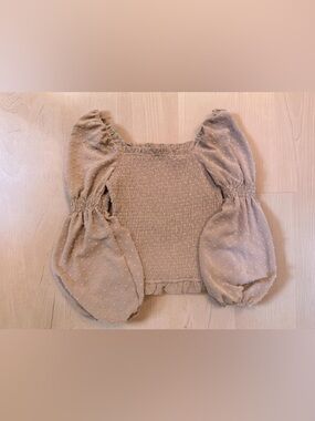 Promesa Beige Swiss Dot Puff Sleeve Smocked Top